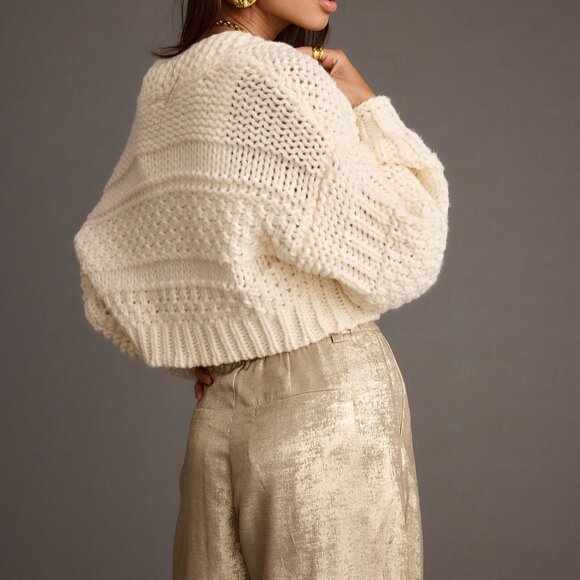 12th Tribe Rowan Cream Cable Knit Cardigan Size LL - Picture 2 of 3